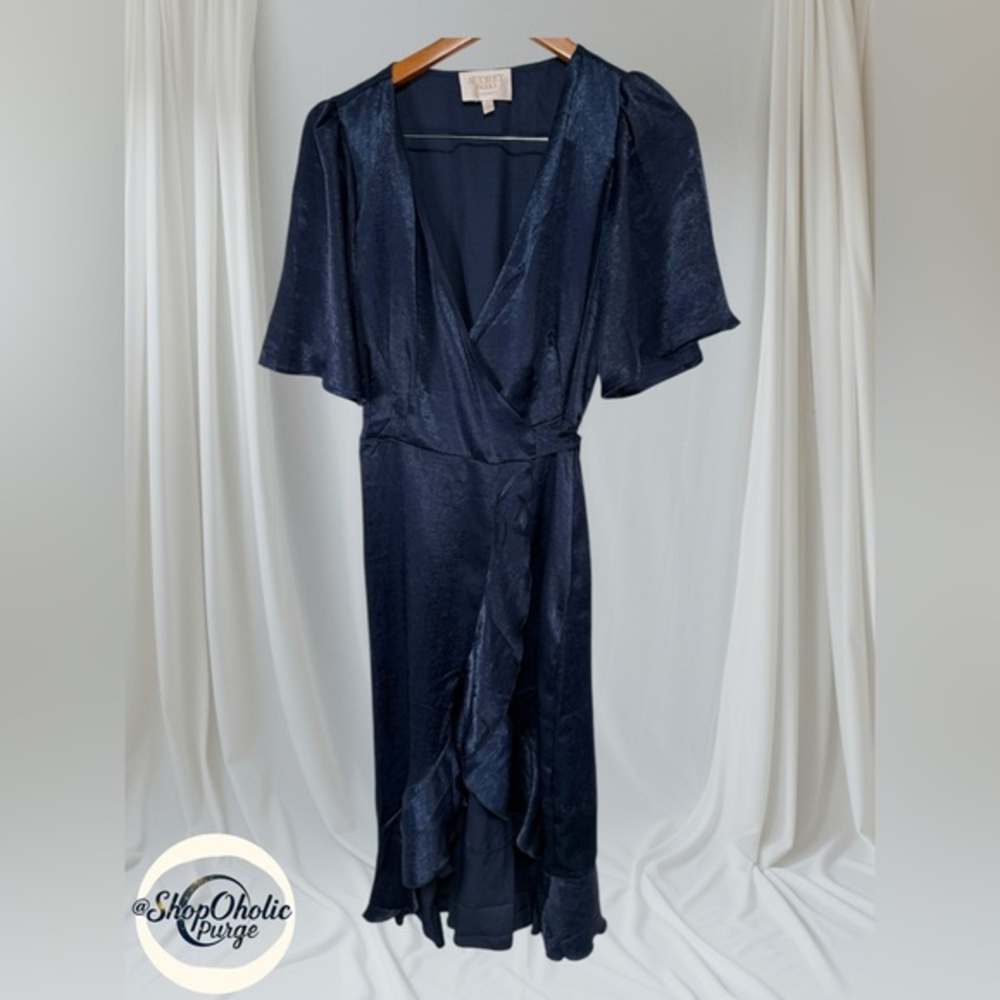 Audrey Parks Wrap Dress Size L Navy Satin
